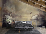 Vintage Wall Mural Romantic Motif Self-Adhesive Full Wall Wallpaper Art Print Swan Couple Print for Bedroom Living Room Design Pastel Colors for Relaxation Area Artistic Style 🕊️