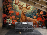 Autumn Forest Deer Wall Mural – Traditional Floral Woodland Wallpaper for Living Room & Bedroom