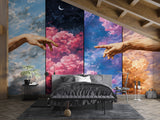Peel and Stick Wall Mural “Celestial Hands in the Clouds” – Surreal Sky Art Wallpaper