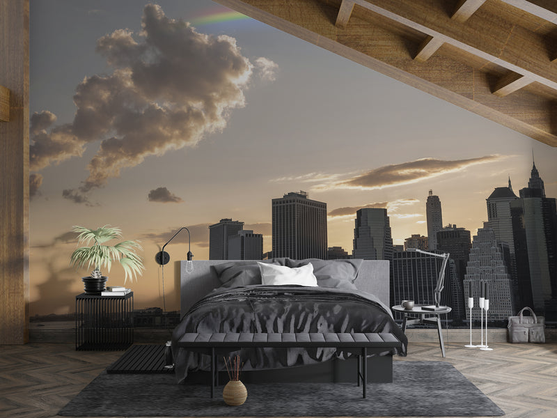 Nature and Urban Wall Mural – Self-Adhesive Full Wall Art for Bedroom, Office, Living Room | "Rainbow over the City" Home Print 🌆🌈