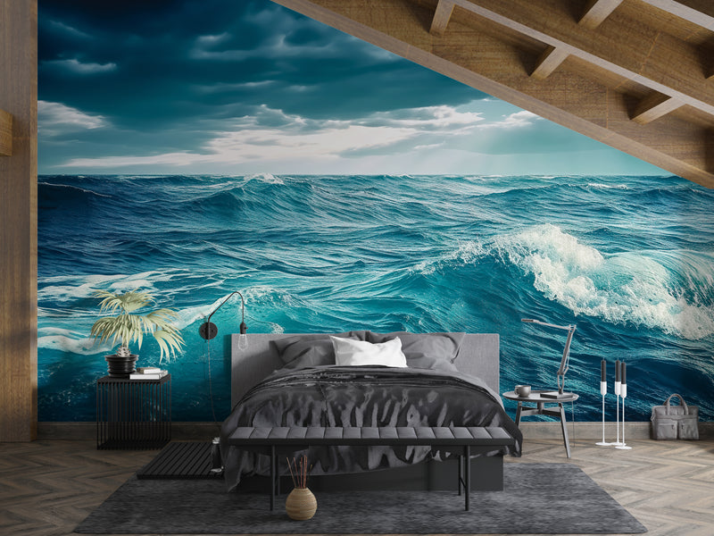 "Nature Print Modern Non-Woven Wallpaper for Bedroom, Lounge Area — 'Blue Sea Waves'"