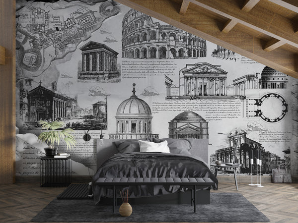 Vintage Self-Adhesive Wallpaper Mural for Living Room or Bedroom Print "Architectural Masterpieces of Italy"