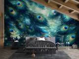 Peacock Feather Abstract Peel and Stick Wall Mural – Elegant Botanical Wallpaper in Teal Tones