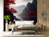 Moody Japanese Zen Garden Wall Mural - Dark Mist Mountains Peel and Stick Wallpaper