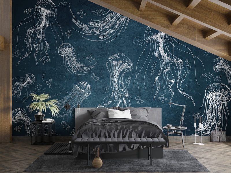 Art Wall Mural 🎨 Full Wall Peel and Stick Wallpaper "Painted Jellyfish" Wall Murals For Office Living Room