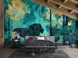 Traditional Jungle Wallpaper with Lion – Emerald Green Botanical Wall Mural with Gold Accents for Living Room & Bedroom
