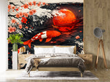 Japanese Koi Fish Wall Mural - Zen Red Sun & Cherry Blossom Ink Art Peel and Stick Wallpaper