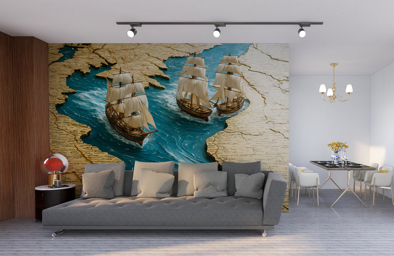 Wall Print 3D Self-Adhesive Wallpaper Perfect for Living Room, Office, Bedroom Design "Sea Journey Through the Map" 🌊🗺️