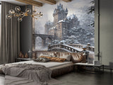 Peel and Stick Wall Mural Gothic Castle in Winter – Living Room Print Architectural Design