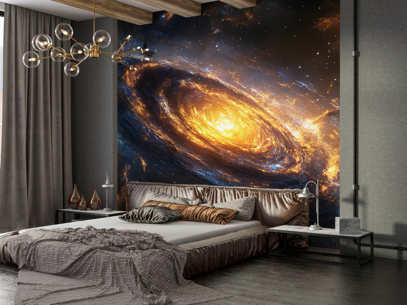 Art Design For Space Self-Adhesive Full Wall Wallpaper Print For Living Room And Bedroom "Spiral Galaxy In Fiery Glow" Design For Lovers Of The Mysterious Universe 🌌