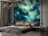 Peacock Feather Abstract Peel and Stick Wall Mural – Elegant Botanical Wallpaper in Teal Tones
