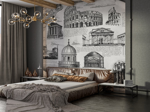 Vintage Self-Adhesive Wallpaper Mural for Living Room or Bedroom Print "Architectural Masterpieces of Italy"
