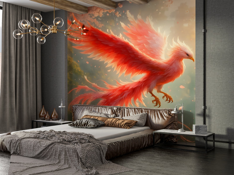 Wallpaper With Bird For Living Room, Relaxation Area, Meditatio Peel and Stick Mural ‘Flight Of The Phoenix In Sakura Blossoms’ Art Wall🌸🔥🕊️
