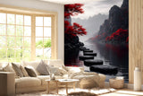 Moody Japanese Zen Garden Wall Mural - Dark Mist Mountains Peel and Stick Wallpaper