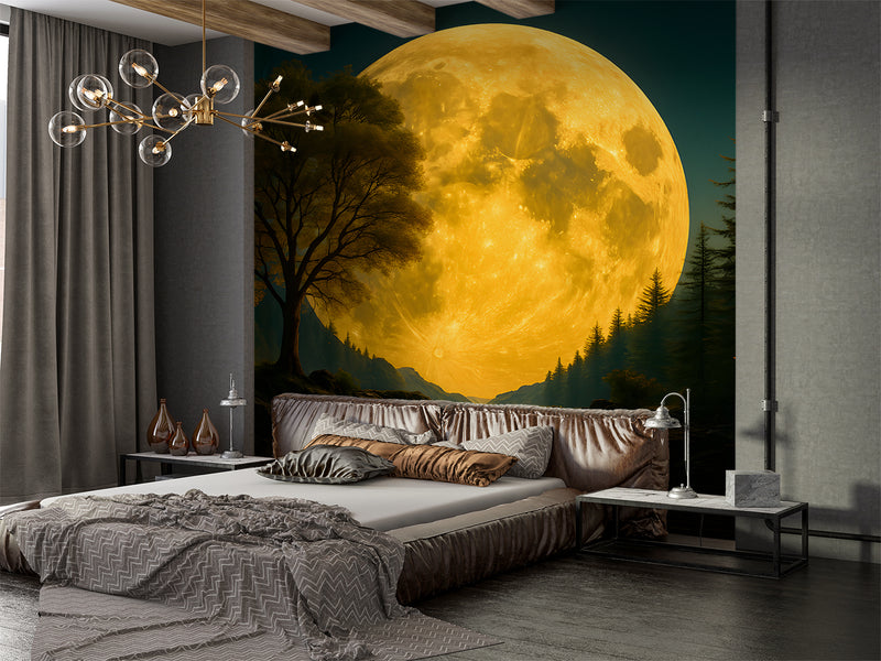 Natural Print Peel and Stick Mural For Living Room, Bedroom Office Poster "Mysterious Glow Of The Full Moon Over The Lake"