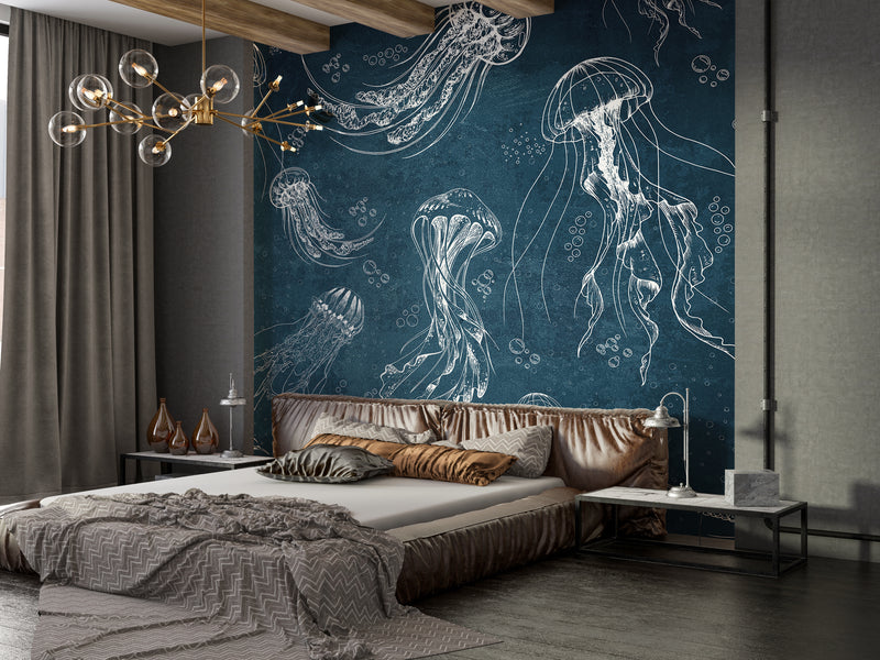Art Wall Mural 🎨 Full Wall Peel and Stick Wallpaper "Painted Jellyfish" Wall Murals For Office Living Room