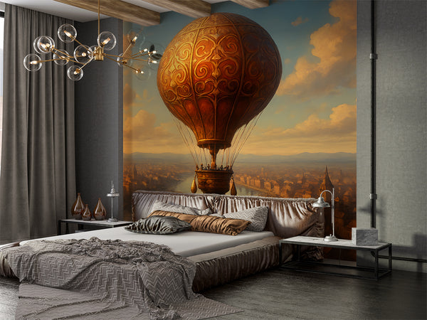Pastel tones Art Wall – Peel and Stick wall mural for living room, bedroom, office print "Balloon Flight over the Old City" 🎈