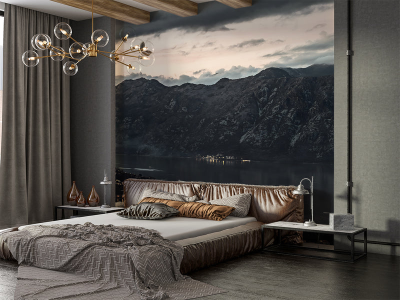 Nordic Design Peel and Stick Wall Mural Scandinavian Style Evening View of the Old Town of Kotor Bay from Mount Lovćen Print for Living Room, Office or Bedroom