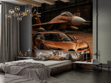 Car in bronze color Self-adhesive wall mural for workshop, office, study, or hall stylish wall mural "Sports car and fighter jet in a unified color scheme" ✈️🚗