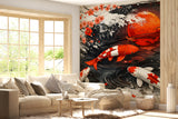Japanese Koi Fish Wall Mural - Zen Red Sun & Cherry Blossom Ink Art Peel and Stick Wallpaper