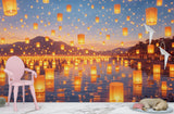 Peel and Stick Wall Mural Glowing Lanterns Over Water – Dreamy Nature Night Print for Kids Room