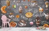 High-Quality Peel and Stick Full-Wall Mural Wallpaper, Vibrant Wallpaper for Kitchen Design, Interior Idea for Café or Restaurant — "Coffee and Dessert on a Dark Background"