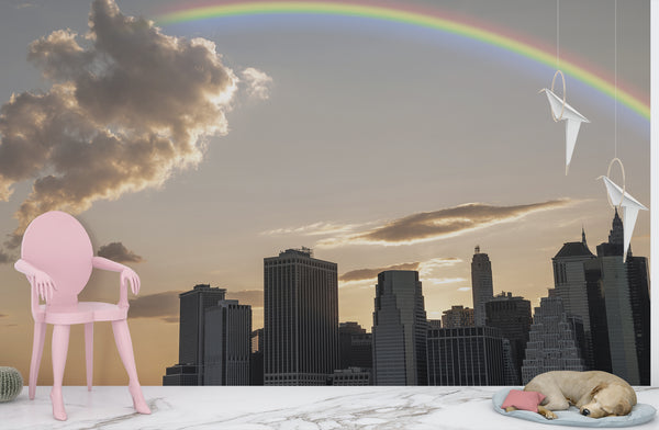 Nature and Urban Wall Mural – Self-Adhesive Full Wall Art for Bedroom, Office, Living Room | "Rainbow over the City" Home Print 🌆🌈