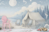 Peel and Stick Kids Wall Mural Pastel Camping Night Scene Gentle Blue-White Nursery Wallpaper Calm Bedtime Forest Print for Children’s Room