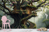 Children’s Dream Fantasy-Themed Mural Desing, Self-Adhesive Kids Wallpaper, Nursery Room Print, ‘Treehouse’ Wall Art