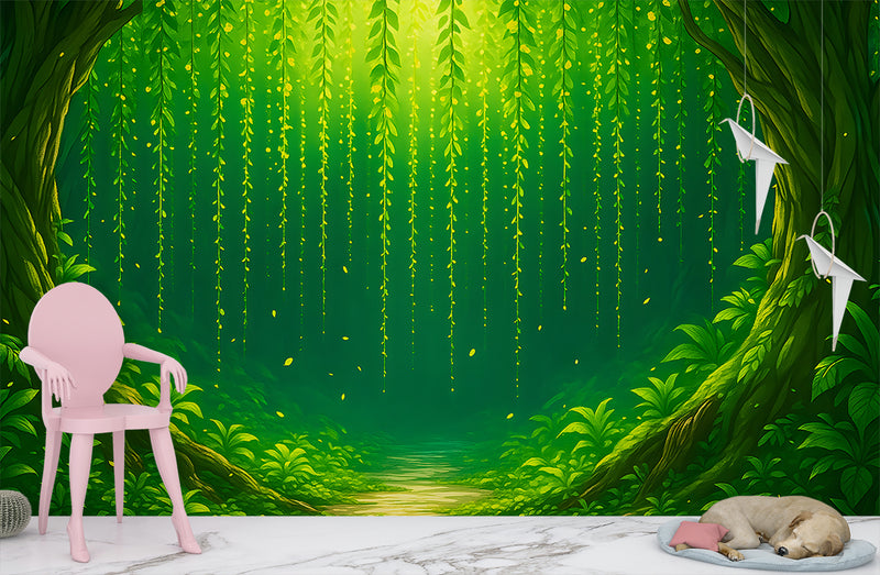 Nature Art For Kids Room Wallpaper Print For Nursery Self-Adhesive Wall Mural For Baby Room Full Wall Poster "Green Arch In The Forest"🌿