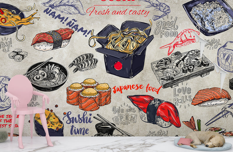 High-Quality Self-Adhesive Photo Wallpaper With Custom Design For Kitchen, Restaurant, Or Office – "Japanese Cuisine On A Dark Background" (Copy)