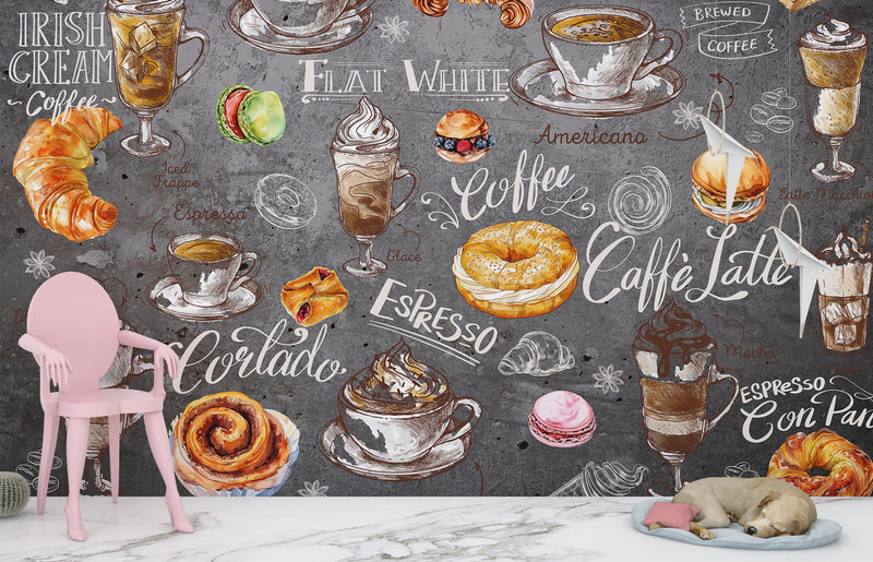 High-Quality Peel and Stick Full-Wall Mural Wallpaper, Vibrant Wallpaper for Kitchen Design, Interior Idea for Café or Restaurant — "Coffee and Dessert on a Dark Background"