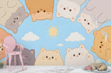 Pastel Cute Cats Peel and Stick Wallpaper – Kawaii Cat Circle Sky & Grass Wall Mural for Kids Room