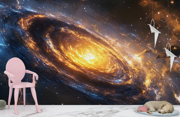 Art Design For Space Self-Adhesive Full Wall Wallpaper Print For Living Room And Bedroom "Spiral Galaxy In Fiery Glow" Design For Lovers Of The Mysterious Universe 🌌