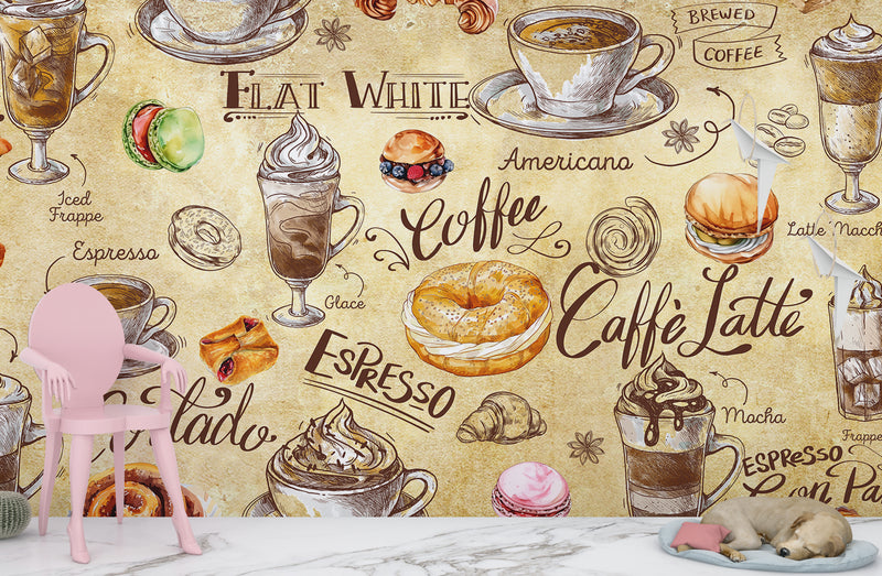 Non-woven wallpaper, vibrant wall decor for kitchen or café – "Coffee and Dessert in Vintage Style"