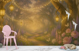 Enchanted Forest Kids Wallpaper – Traditional Fairy Path Mural with Lanterns and Flowers for Nursery and Playroom