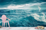 "Nature Print Modern Non-Woven Wallpaper for Bedroom, Lounge Area — 'Blue Sea Waves'"