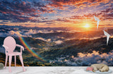 Non-Woven Wallpaper Panoramic Mountain Sunset Wall Art with Rainbow for Bedroom