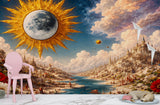 Peel and Stick Wall Mural “Celestial Sun and Moon Fantasy Landscape” – Surreal Art Wallpaper