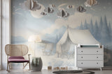 Peel and Stick Kids Wall Mural Pastel Camping Night Scene Gentle Blue-White Nursery Wallpaper Calm Bedtime Forest Print for Children’s Room