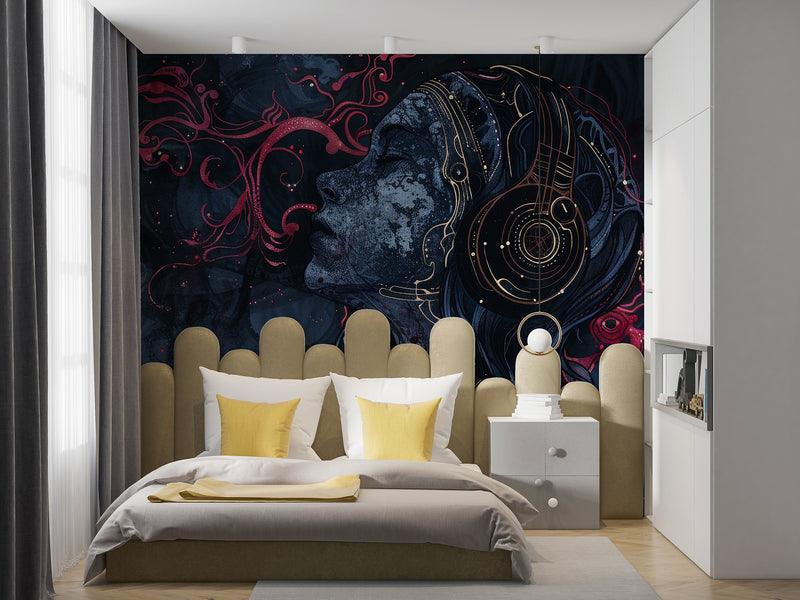 Art Abstraction Wall Vinyl Wallpaper Peel and Stick Mural Sports Theme For Office, Hall, Gym "Cosmic Enjoyment Of Music"