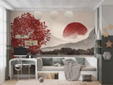 🌅"Watercolor Japanese Sumi-e Style With Minimalist Touch Self-Adhesive Wallpaper For Cozy Living Room, Bedroom, Home Gym "Japanese Sunset" 🌅