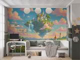 Floating Castle Fantasy Kids Wallpaper – Pastel Dreamland Peel and Stick Mural for Nursery and Playroom