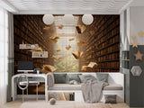 Floating Books Library Wall Mural for Office – Non-Woven Wallpaper for Workspace