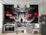Traditional Wall Mural for a Gaming Zone – Chill Area Print Samurai Walking Toward the Temple