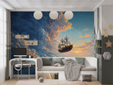 Non-Woven Wall Mural for Kids Room – Flying Ship Fairy Tale Print