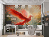 Wallpaper With Bird For Living Room, Relaxation Area, Meditatio Peel and Stick Mural ‘Flight Of The Phoenix In Sakura Blossoms’ Art Wall🌸🔥🕊️