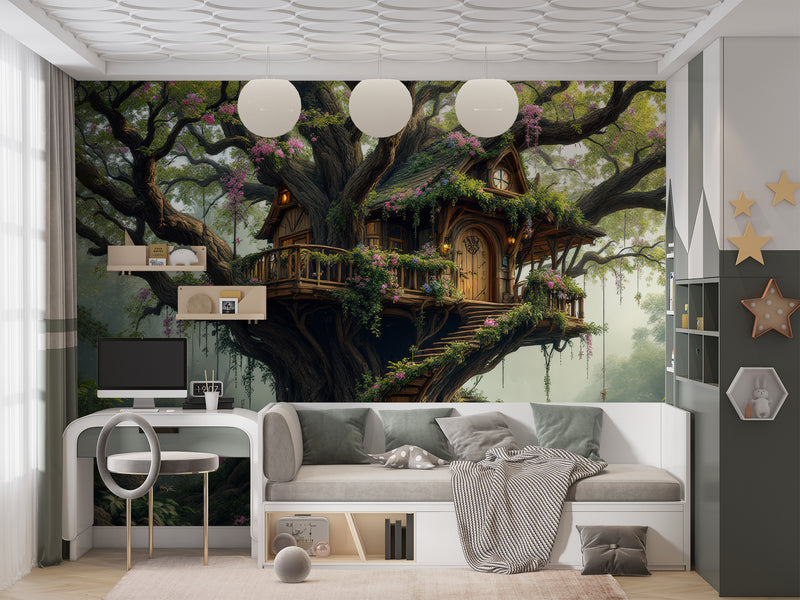 Children’s Dream Fantasy-Themed Mural Desing, Self-Adhesive Kids Wallpaper, Nursery Room Print, ‘Treehouse’ Wall Art