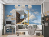 Dreamy Sky Library Wall Mural for Kids Room – Magical Floating Books Self-Adhesive Wallpaper