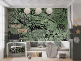 Self-Adhesive Green Graffiti Wall Mural for Gaming Room – Modern Urban Interior Design Decor